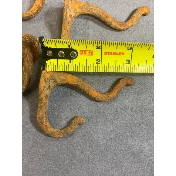 6 Antique Vintage Rustic Cast Wrought Iron Wall COAT HOOKS Hardware 3" RUSTY - Picture 7 of 11